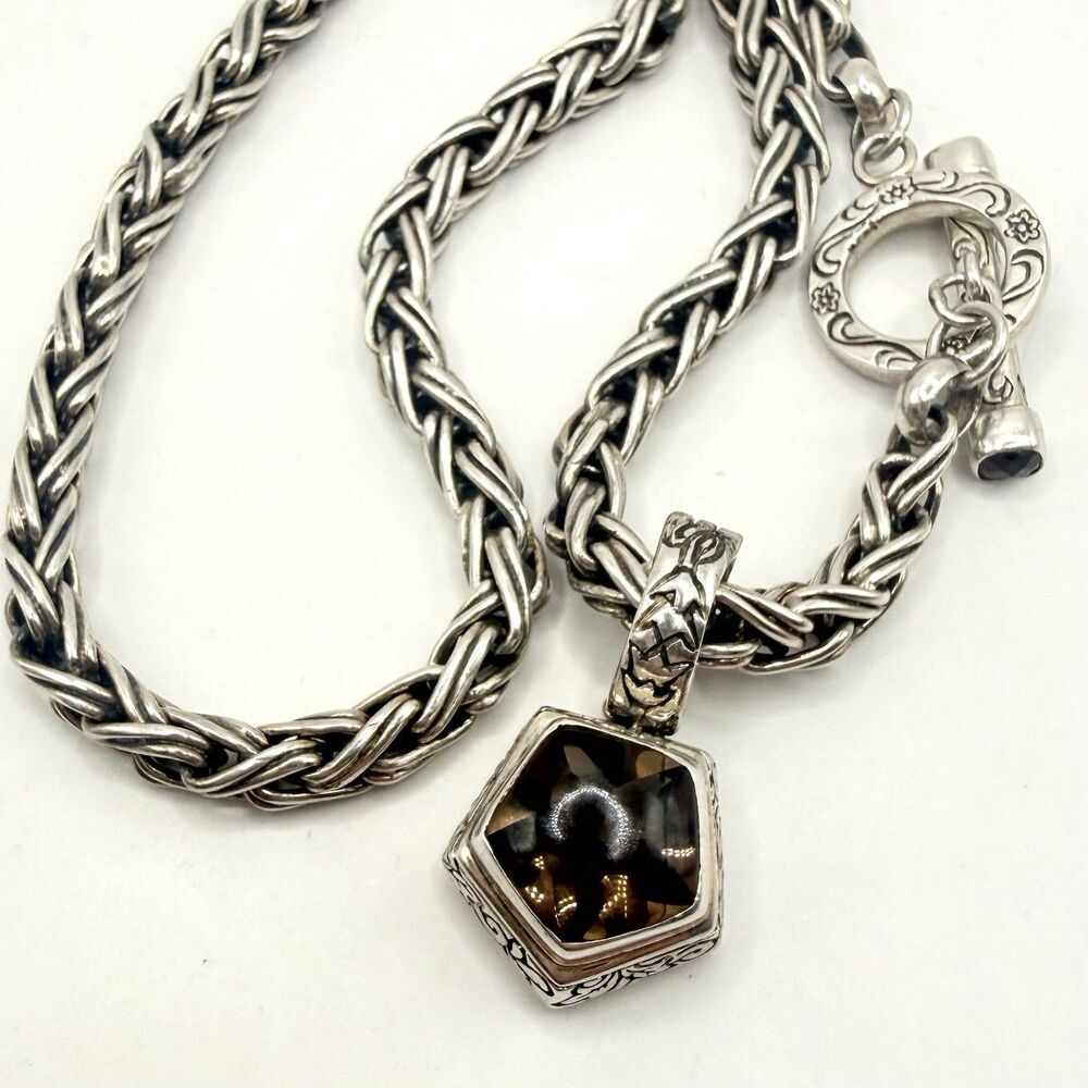 Fuzion 925 Sterling Silver Smoky Quartz Braided Chain Necklace 14” 50g Designer
